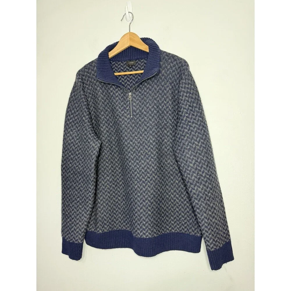 J. Crew Blue Herringbone Knit Merino Wool Blend 1/4 Pullover Sweater Large